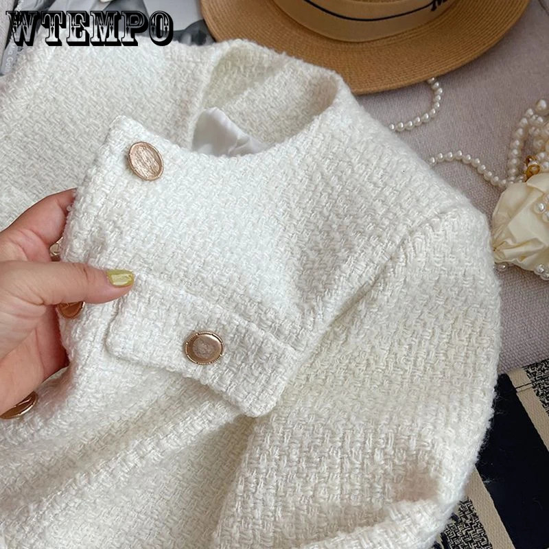 WTEMPO Korean Chic Female Tweed Basic Button Up Jacket Coat Women Autumn Winter Clothing Runway Style Woolen Outerwear 240112