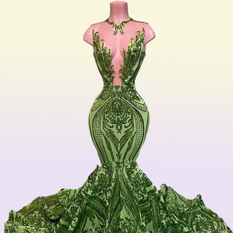Sparkly Sequins Olive Green Mermaid African Prom Dresses Black Girls Jewel Neck Illusion Long Graduation Dress Plus Size Formal Se