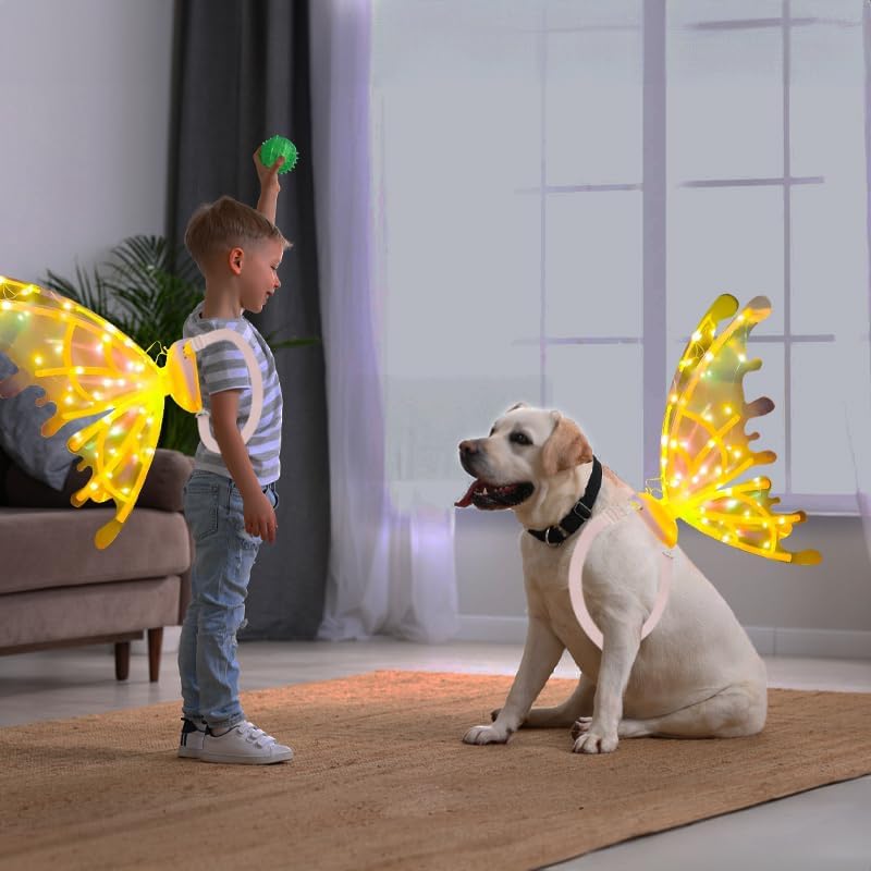 Electric Fairy Wings with LED Lights,Pets Glowing Elf Angel Wings with Magic Wand Princess Crown for Kids Pets Costumes