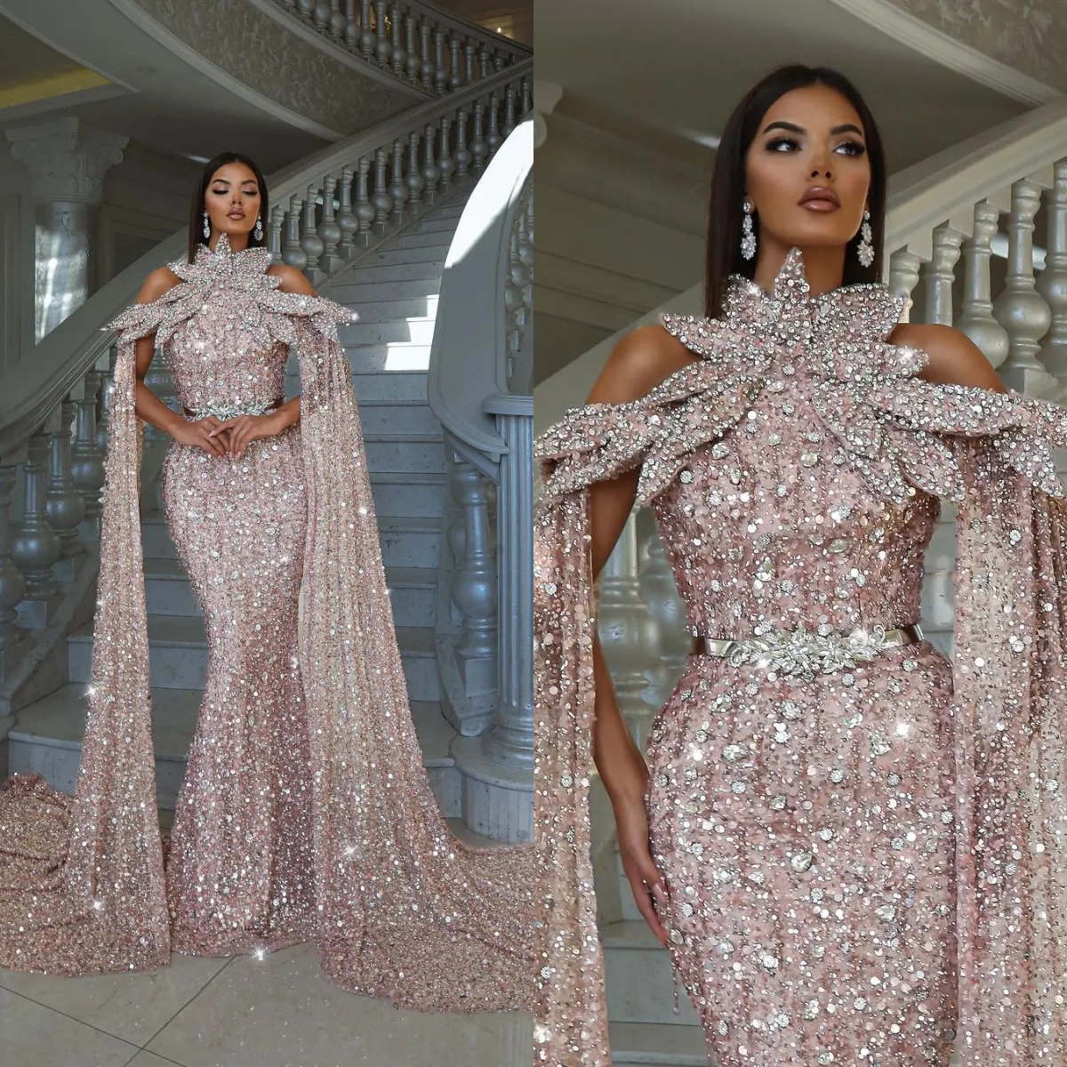 Sparking Sequins Mermaid Evening Dresses Crystals Beading Prom Gowns Custom Made High Neck with Cap Sleeves Party Dresses