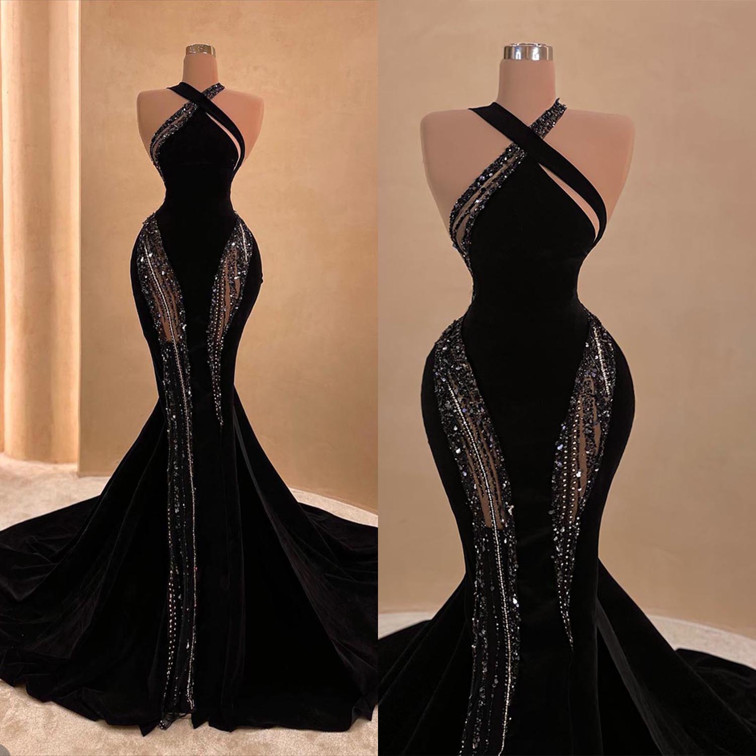 Simple Halter Mermaid Prom Dresses Sexy Sleeveless Sequined Lace Formal Ocn Dress Aso Ebi Evening Gowns 0220