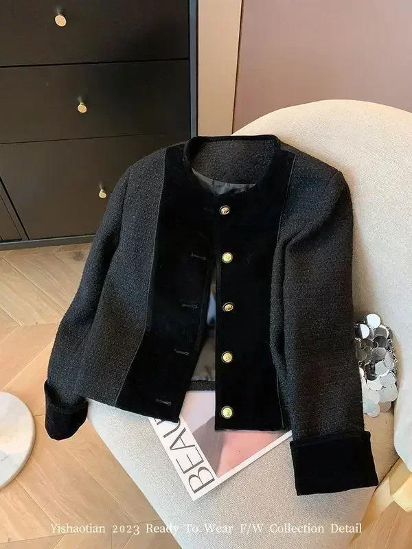 GkyocQ French Small Perfume Style Splicing Velvet Black Short Jacket Female Fall Elegant Niche Fashion Temperament Coat 240112