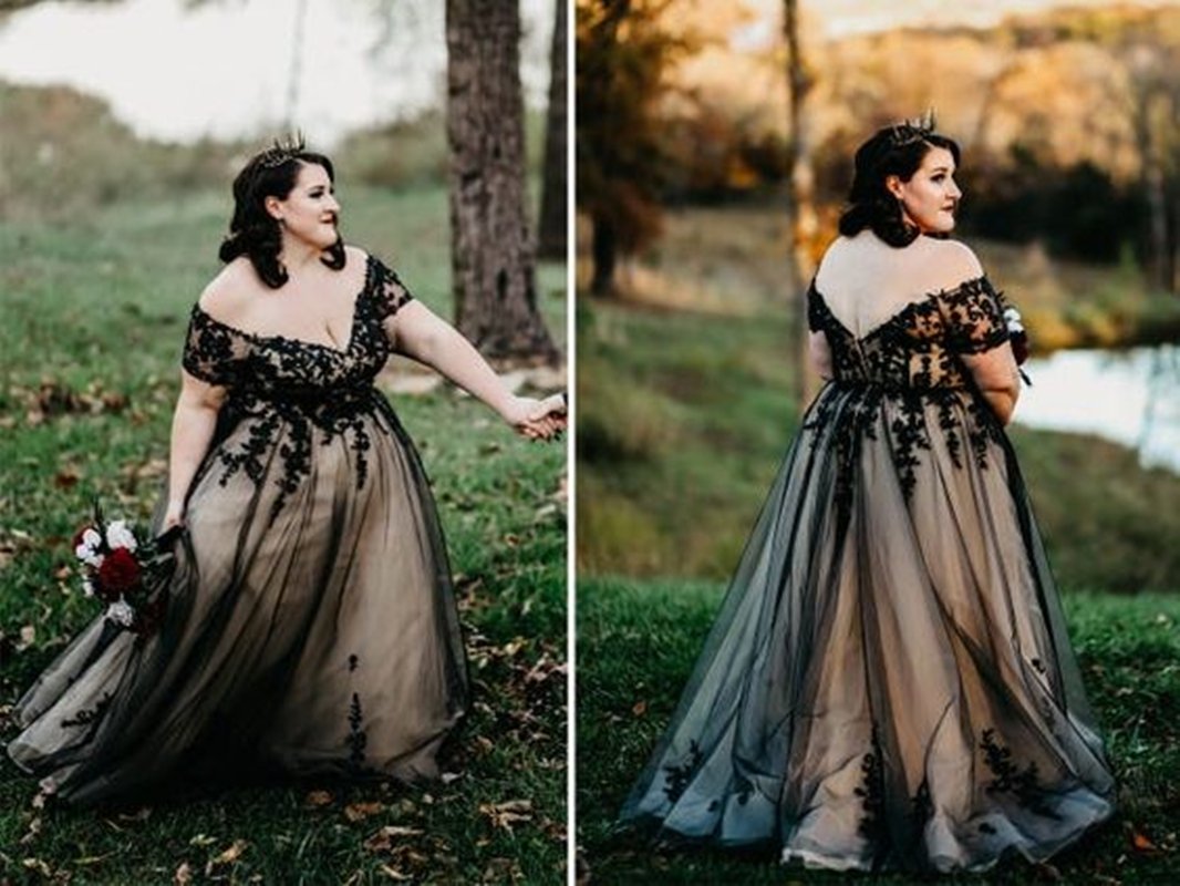 Vintage Black And Champagne A Line Garden Wedding Dress For Bride Lace Appliques V-Neck Plus Size Bridal Gowns Floor Length Short Sleeves Gothic Vesti