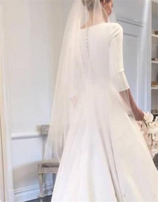 2024 Bohemian Western Country A Line Wedding Dresses Vintage Sexy Jewel Neck Satin 3/4 Long Sleeves Bridal Gowns Robes de Mariee Sweep Train Button Ba