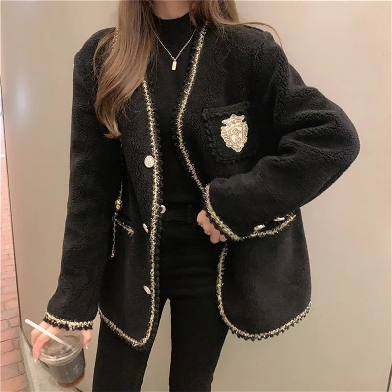 Temperament Vneck Single Breasted Big Pocket Tweed Coats For Women Winter Plus Velvet Size 5xl Jacket Elegant Casual Tops 240112