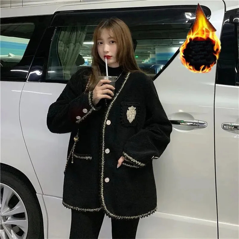 Temperament Vneck Single Breasted Big Pocket Tweed Coats For Women Winter Plus Velvet Size 5xl Jacket Elegant Casual Tops 240112