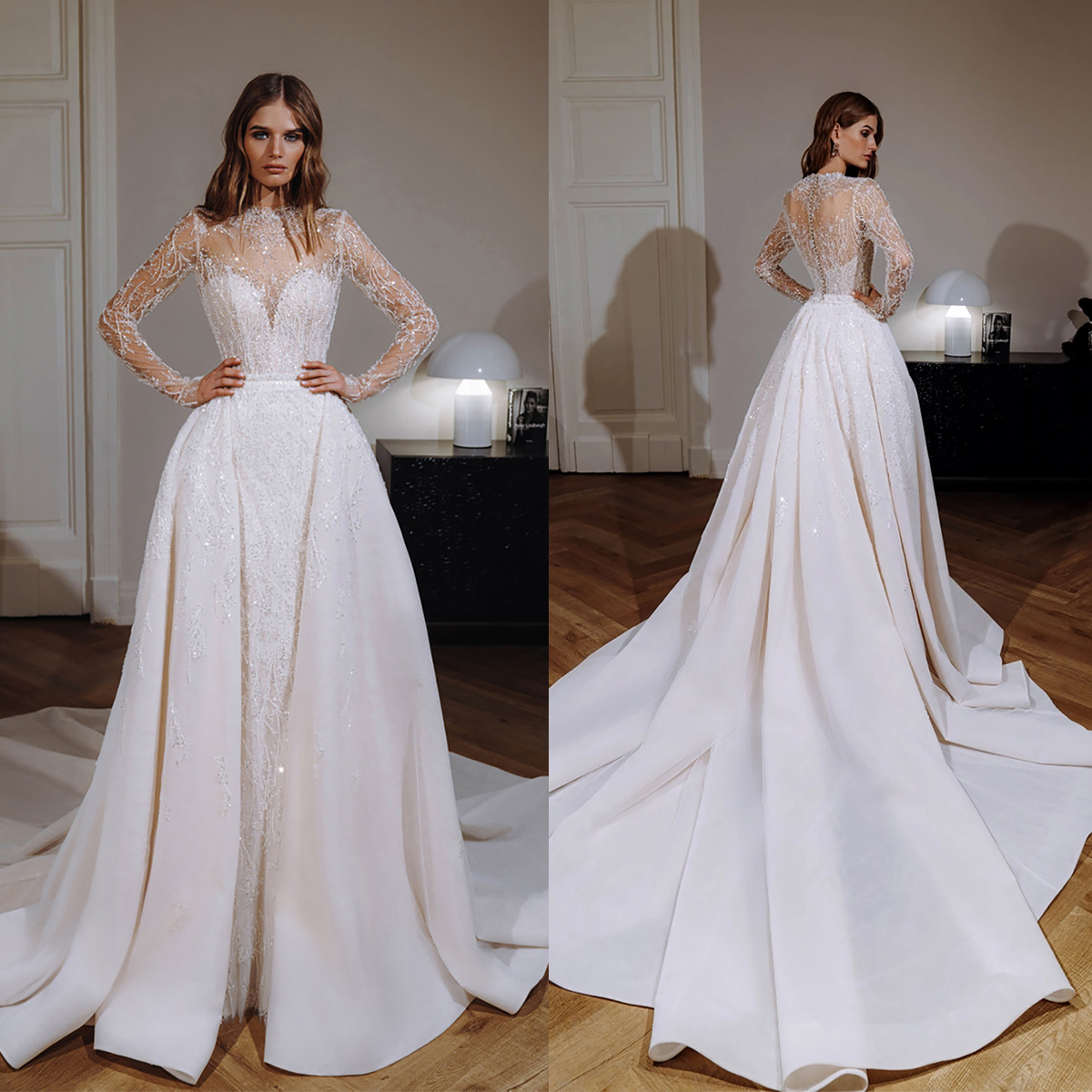 Graceful Sequined Mermaid Wedding Dresses High Collar Bridal Gowns Detachable Train Illusion Long Sleeves Bride Dresses Custom Made