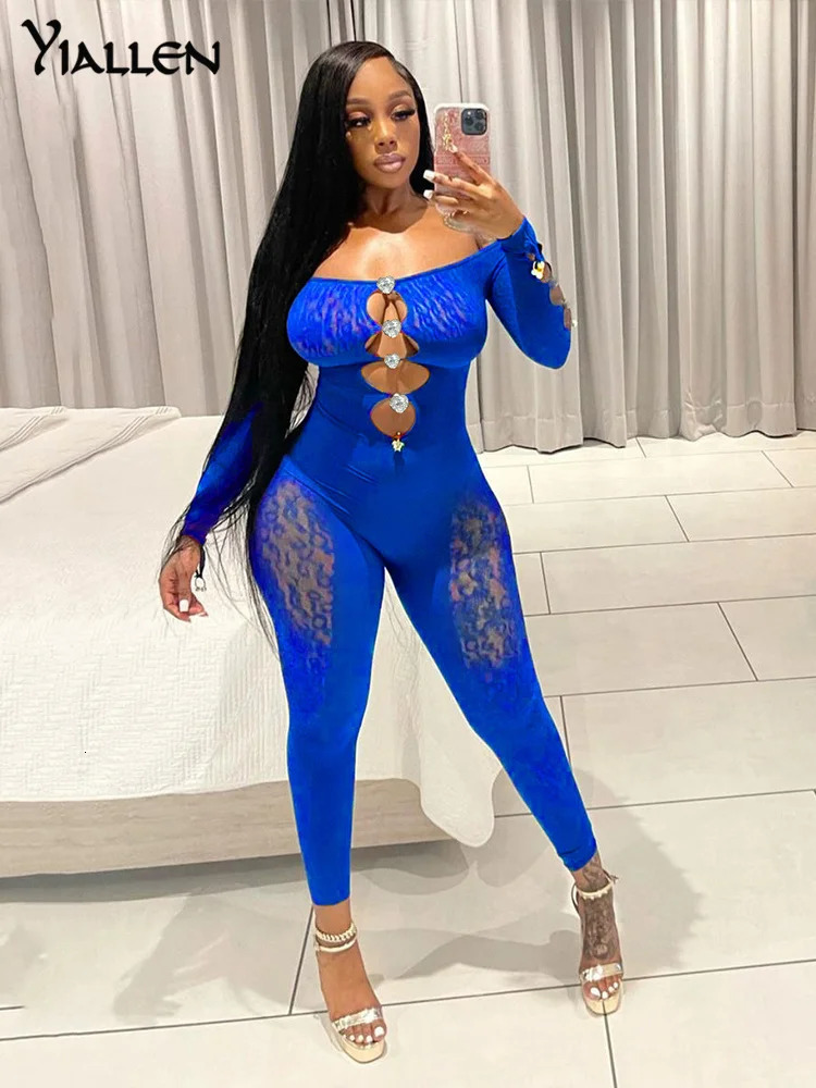 Yiallen Autumn Sexy Mesh Hollow out Y2K Solid Jumpsuit Women Fitness Skinny Long Sleeve Party Activewear Stretchy Outfit 240112