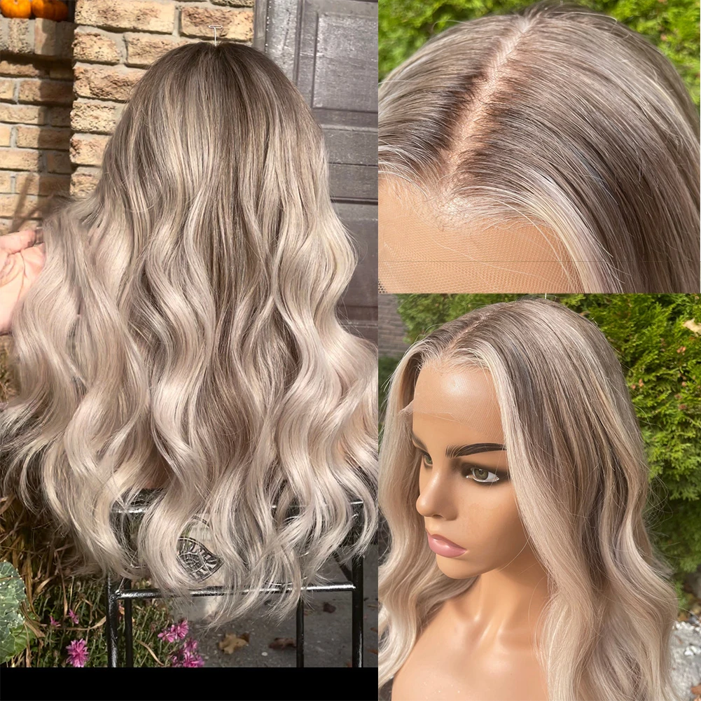 180density Highlight Ash Blonde Root Lace Front Human Hair Wig 40inches Water Wave Lace Front Wig HD Invisible Full Lace Synthetic Wig for Women