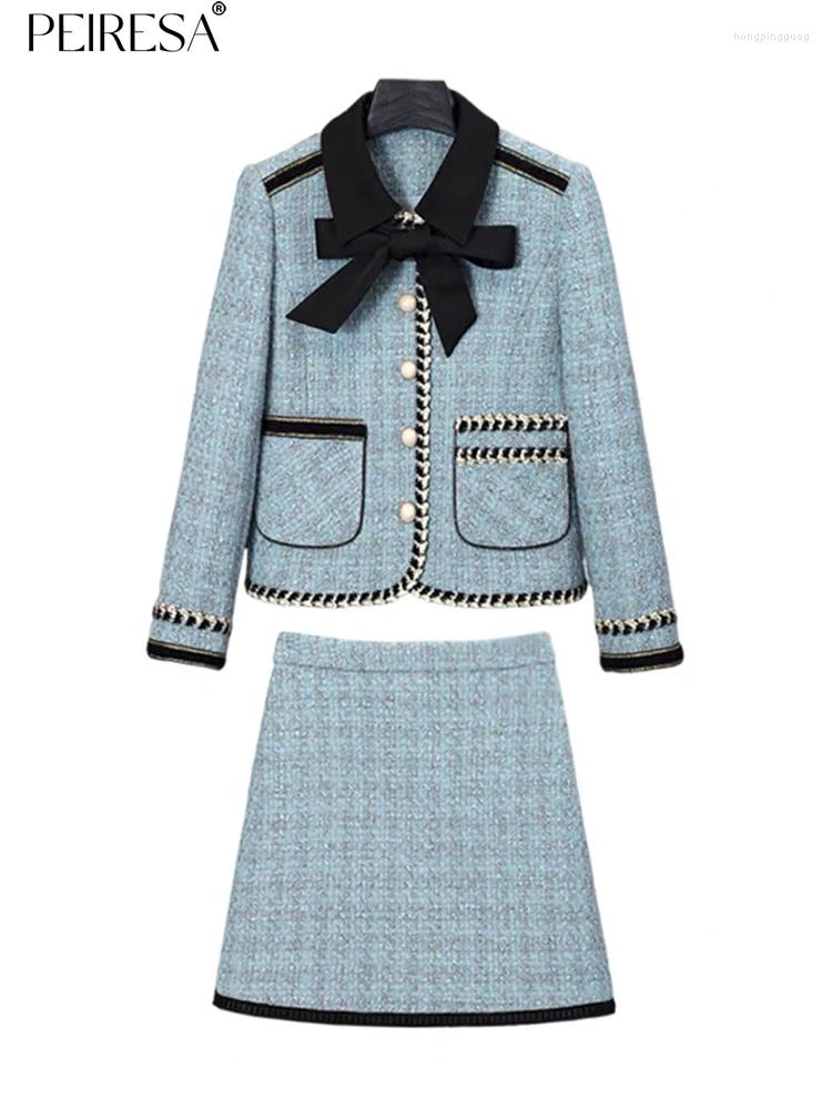 Work Dresses Autumn Winter Tweed Skirt 2Pcs Suit Color Block Bow Lapel Coat
