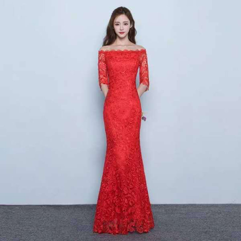 Trational Chinese Wedding Dresses Mermaid Mandarin collar tea ceremony Cheongsam Red Lace Bridal Party Gowns