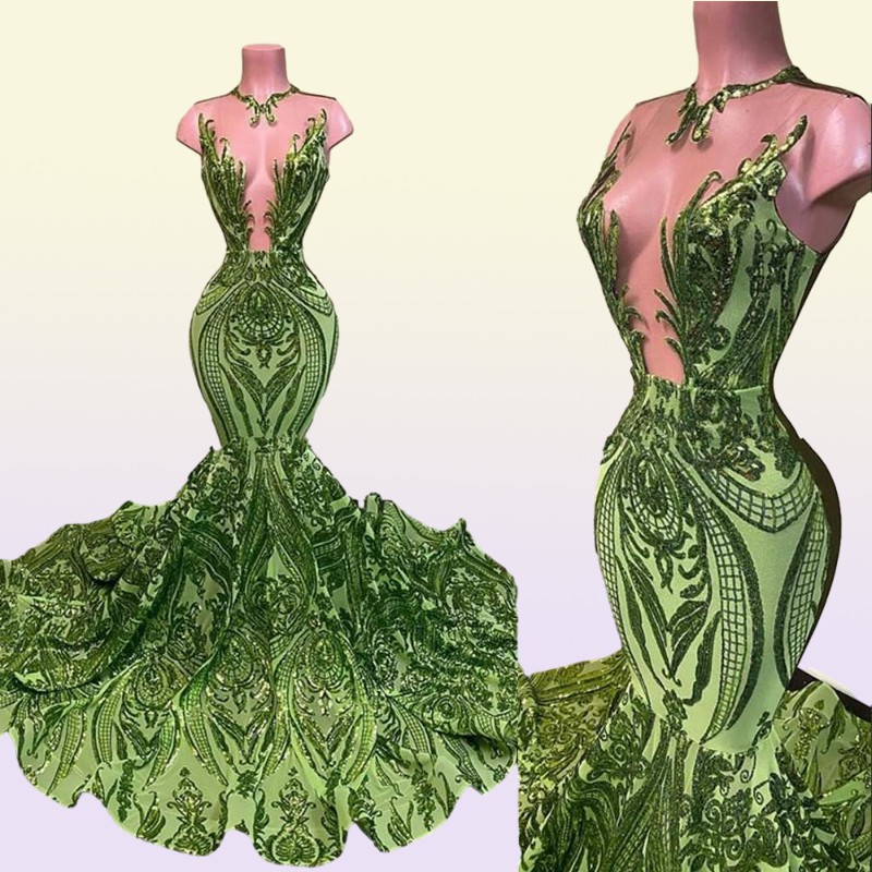 Sparkly Sequins Olive Green Mermaid African Prom Dresses Black Girls Jewel Neck Illusion Long Graduation Dress Plus Size Formal Se