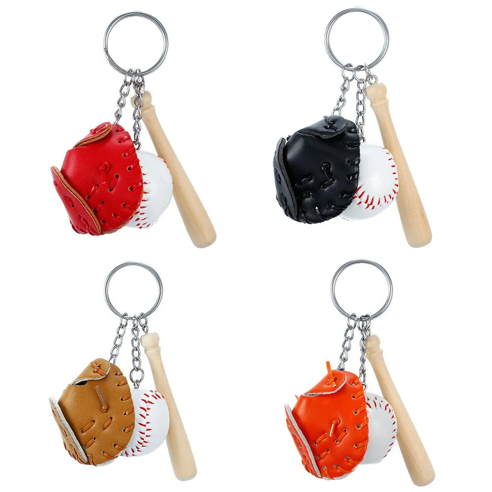 Mini Three-Piece Party Baseball Glove Wooden Bat Keychain Sports Car Chain Key Ring Gift For Man Women 0112