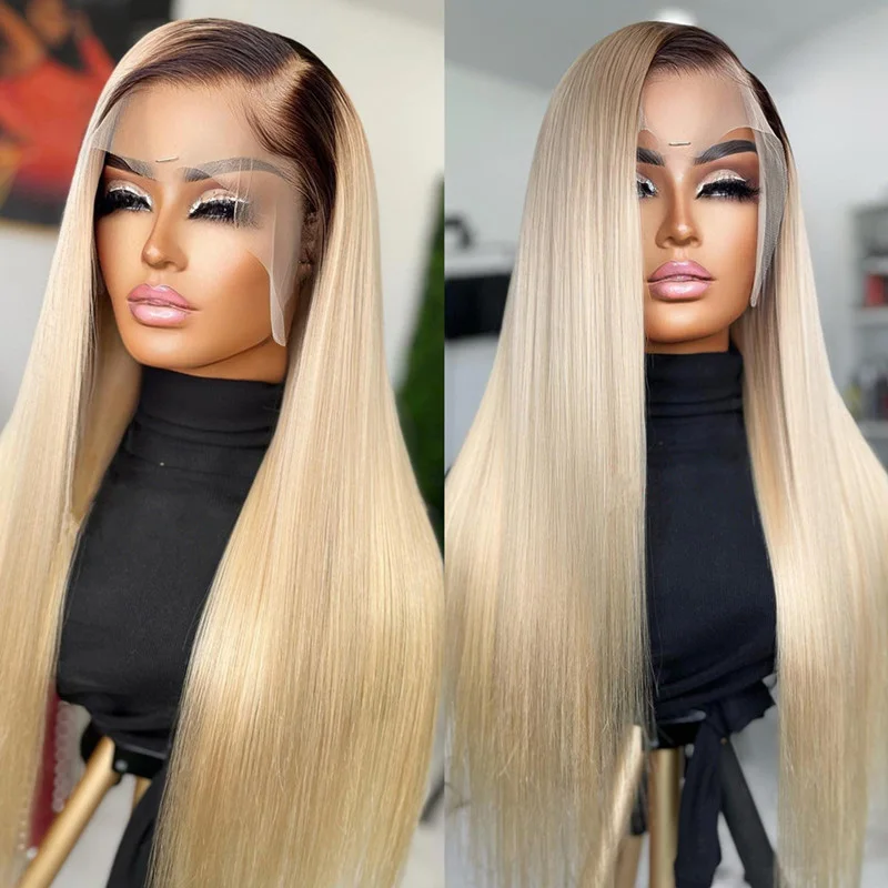 Brown Root Brazilian Virgin Straight Frontal Wigs For Women Ombre Blonde Lace Front Wig Synthetic Preplucked 250820