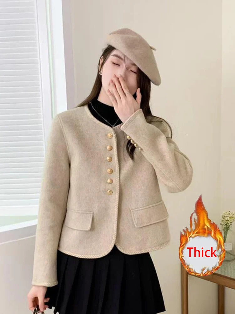 Jmprs Elegant Thick Korean Tweed Jacket Women Casual Long Sleeve Retro Coat Winter Warm Office Lady Single Breasted Vintage Tops 240112