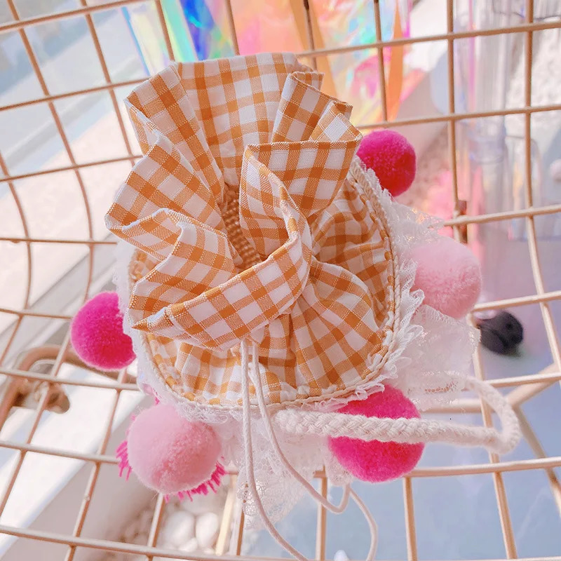 Korean Style Colorful Lace Beach Bag For Children Tulip Vanilla Hat Bucket Bag Summer Weave Handbag Kids Bags Accessories 240111