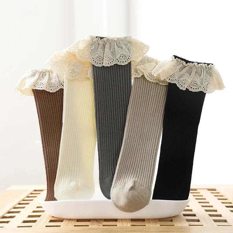 Baby Girls Knee High Socks Baby Infants Kids Toddlers Socks Leg Warmer Solid Cotton Stretch Cute Lovely Lace Frilly Long Socks 240111