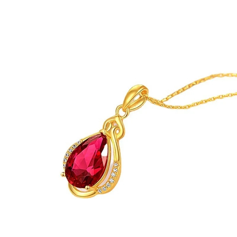 Plated Real 24K Gold Necklace Saffron Red Water Drop Pendant Women's Fashion Clavicle Chain Gift Accessories 999 18K Gold Jewelr 240111