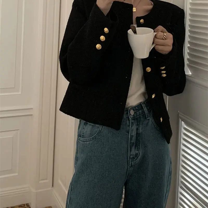 Deeptown Crop Tweed Jacket Women Korean Style Clothes Old Money Fashion Chic and Elegant Short Jackets Vintage Autumn Winter Top 240112