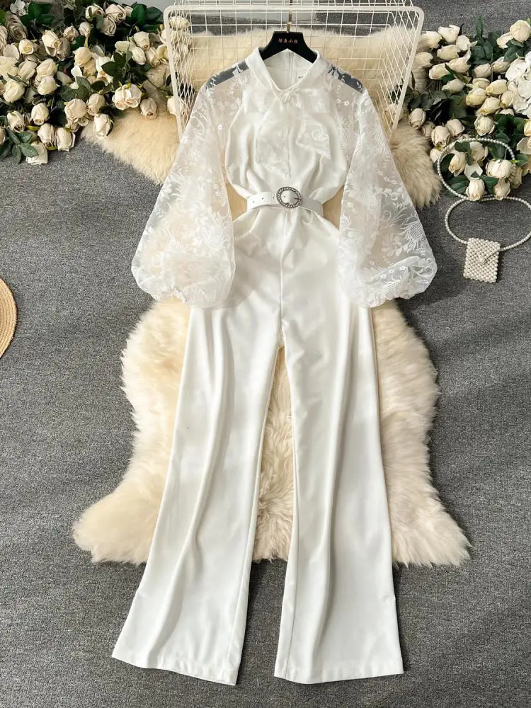 High Quality Black Lace Embroidery Bow Collar Slim Jumpsuit Women Autumn White Elegant Long Sleeve Wide Leg Bodysuit Pant French 240112