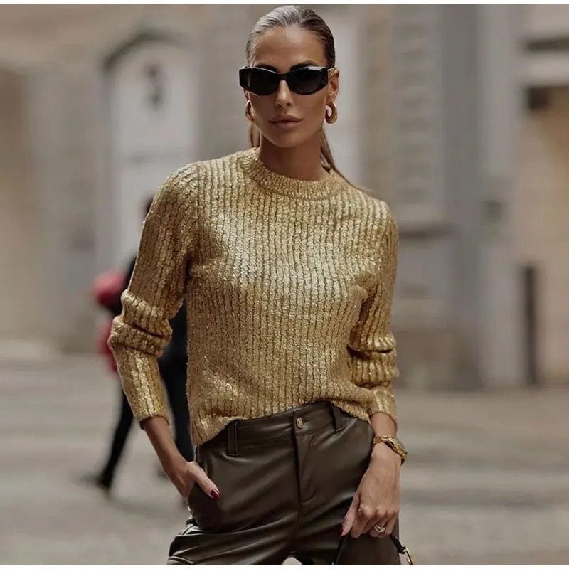Gold Color O Neck Sweater Fashion Long Sleeve Bright Silk Knit Pullover Female Autumn Elegant Office Ladies Loose Jumpers 240112