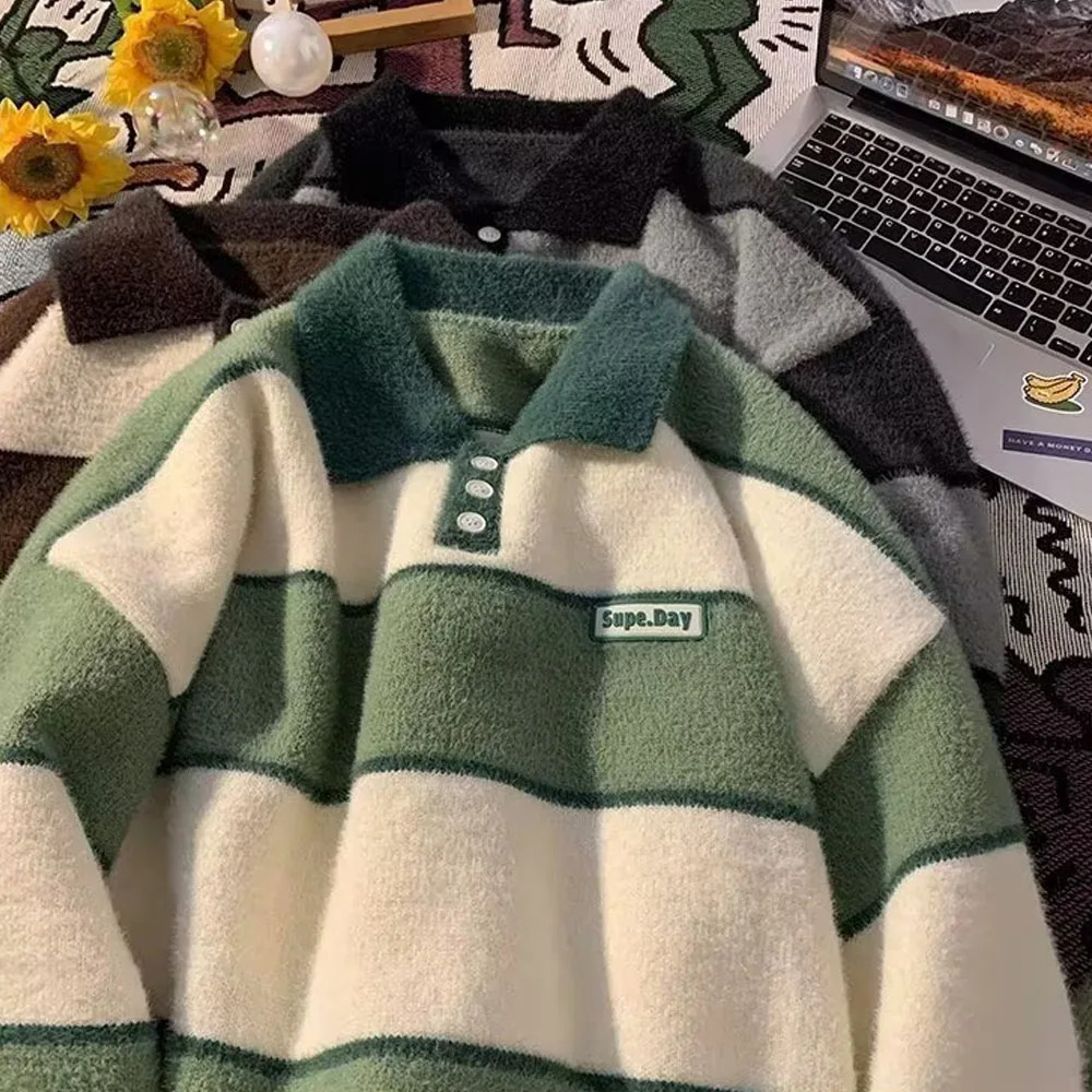 Men's Full Y2K Knit Knitwear Striped Sweater Polo Shirts Jumper Streetwear Korean Winter Clothes Pullovers For Men Apparel 240111