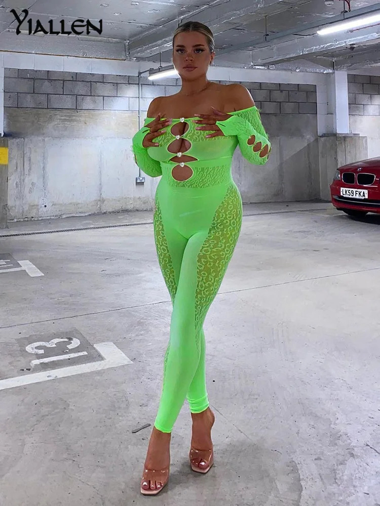 Yiallen Autumn Sexy Mesh Hollow out Y2K Solid Jumpsuit Women Fitness Skinny Long Sleeve Party Activewear Stretchy Outfit 240112