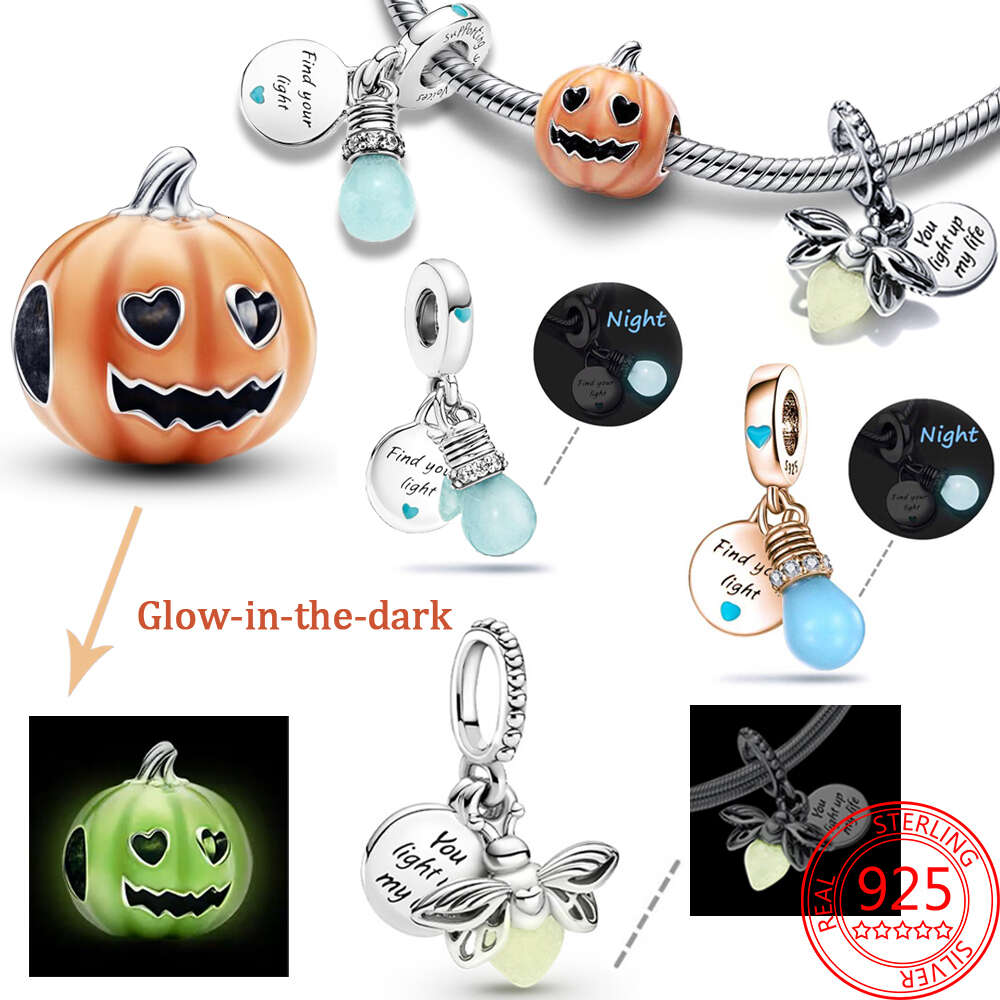 Authentic Sier Sterling Glow In The Dark Pumpkin Firefly Lightbulb Double Dangle Charm Fit Bracelet Jewelry Gift