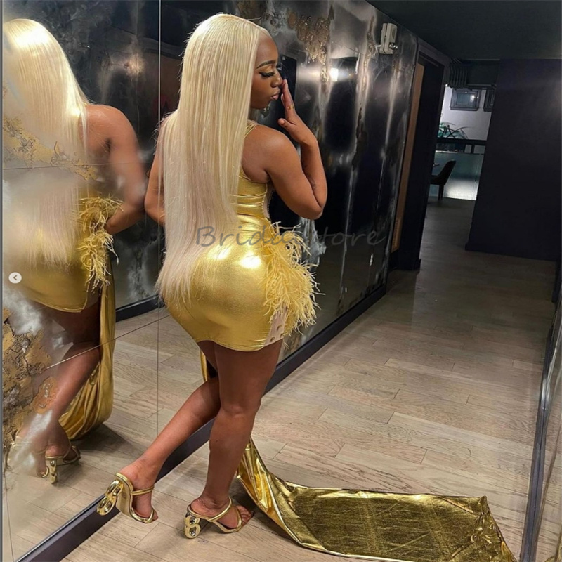 Black Girls Diamond Prom Dress With Feather Luxury Rhinestone Crystal Gold Evening Dress 2024 Baddie Short Formal Homecoming Cocktail Party Dress 2024