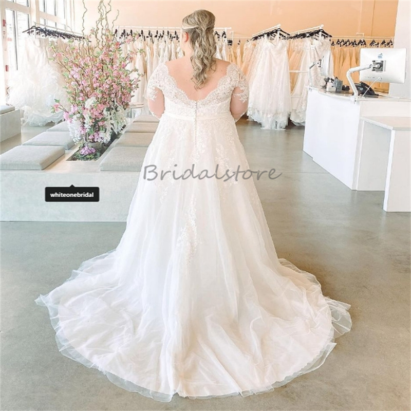 Plus Size Elegant Wedding Dress Sexy V Neck Bohemian Long Sleeve Lace Bridal Dresses 2024 Backless Tulle Country Church Vestios De Novia Women Boho Ro