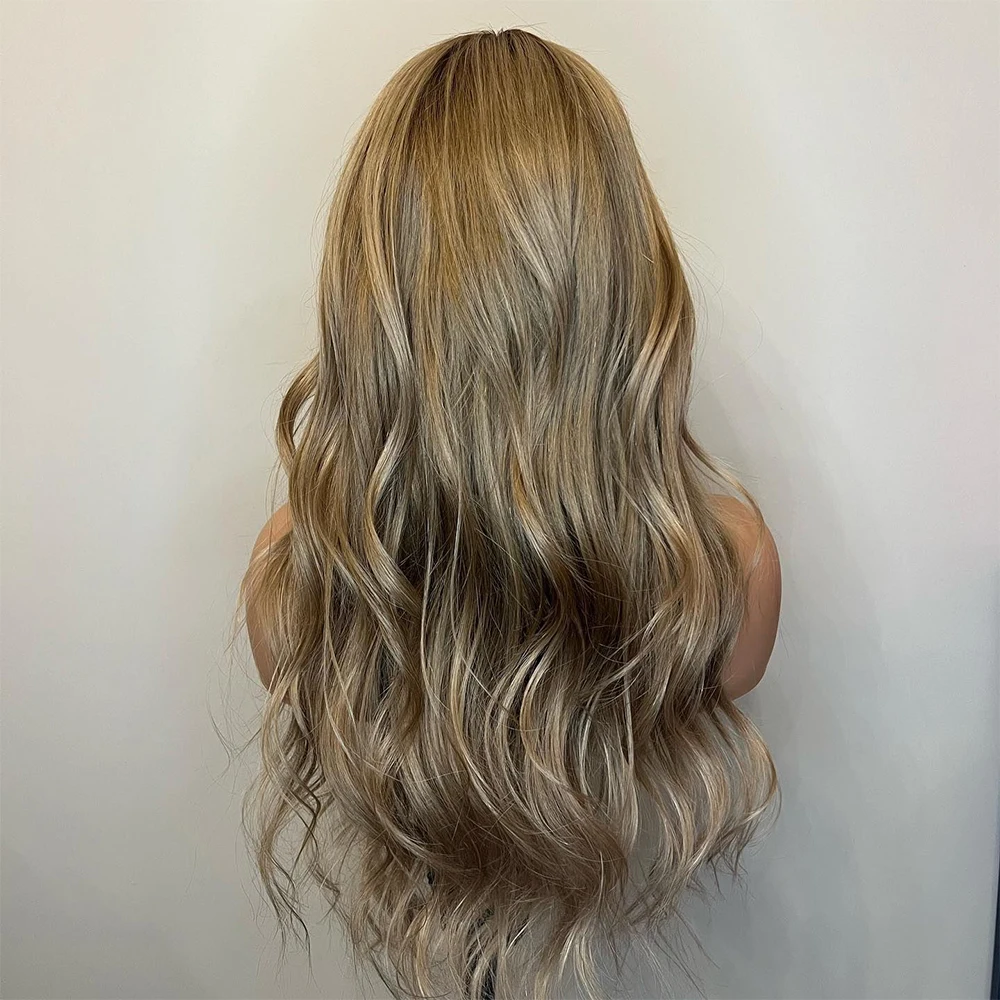 Free shipping New Loose Wavy Blonde Highlight Human Hair with Bangs 180 % Density Body Wave Synthetic Lace Front Wigs for Black Women
