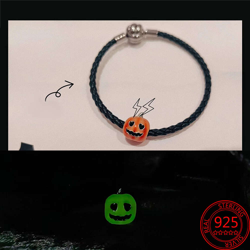Authentic Sier Sterling Glow In The Dark Pumpkin Firefly Lightbulb Double Dangle Charm Fit Bracelet Jewelry Gift
