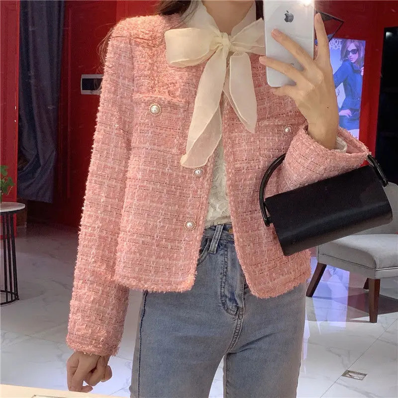 Pink Tweed Coat for Women Temperament Gentle Single Breasted Short Jackets Fashion Autumn Warm Outerwear 240112