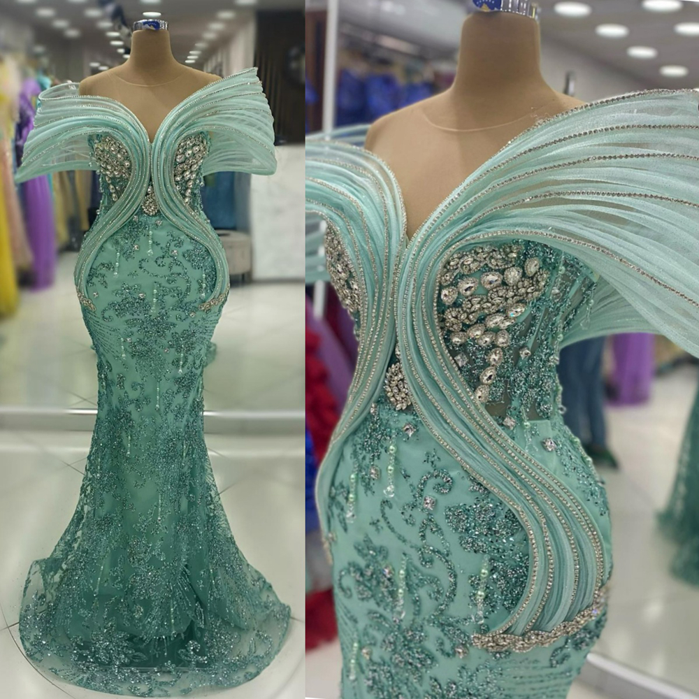Mint Aso Ebi Prom Dresses For Black Women Lace Sheer Neck Mermaid Beaded Formal Evening Birthday Party Dress Second Reception Gowns Vestido De Sorrie 