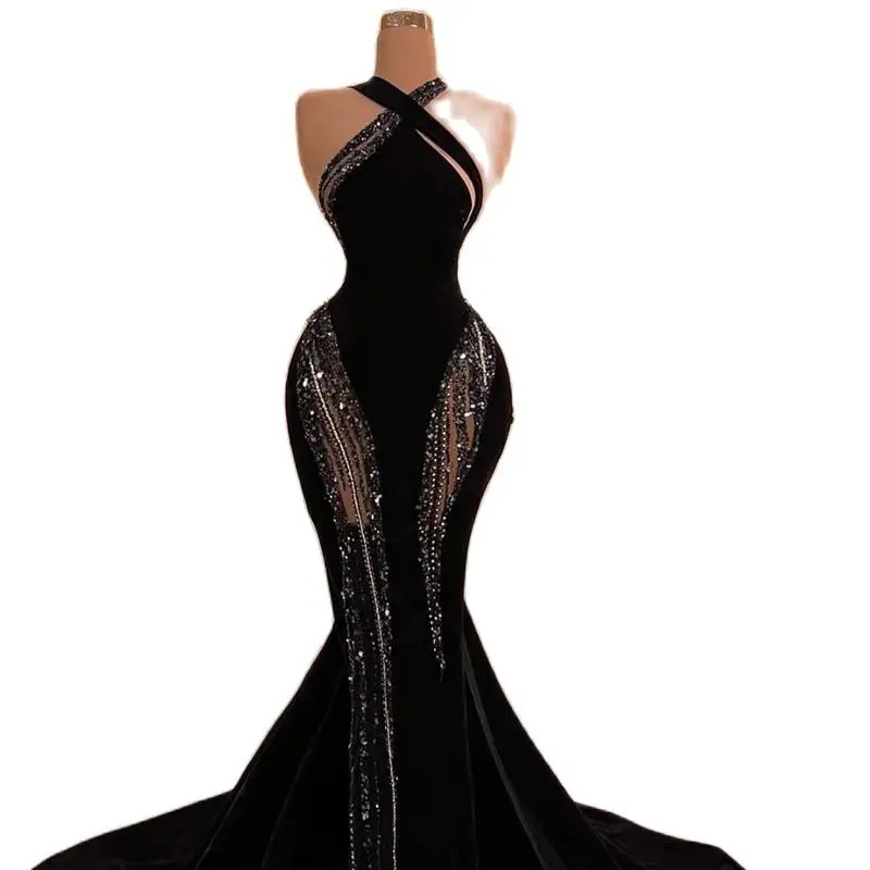 Simple Halter Mermaid Prom Dresses Sexy Sleeveless Sequined Lace Formal Ocn Dress Aso Ebi Evening Gowns 0220