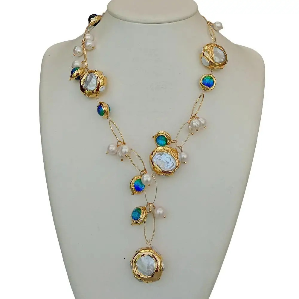 YYGEM Blue Murano Glass Freshwater Cultured White Keshi Pearl Gold Filled Chain Necklace 21 240111