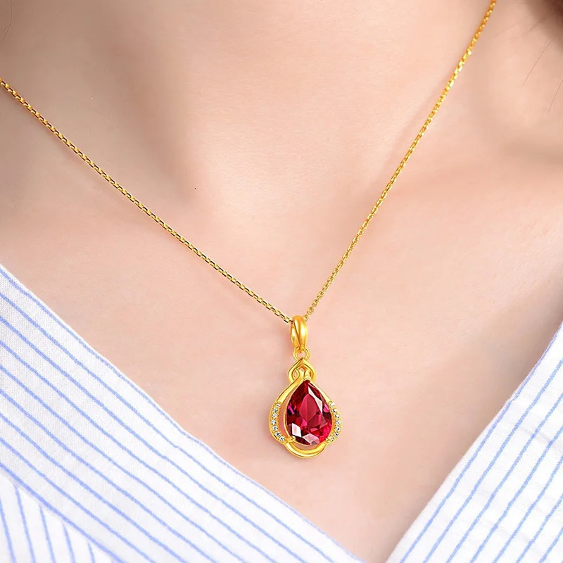 Plated Real 24K Gold Necklace Saffron Red Water Drop Pendant Women's Fashion Clavicle Chain Gift Accessories 999 18K Gold Jewelr 240111