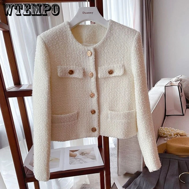 WTEMPO Korean Chic Female Tweed Basic Button Up Jacket Coat Women Autumn Winter Clothing Runway Style Woolen Outerwear 240112