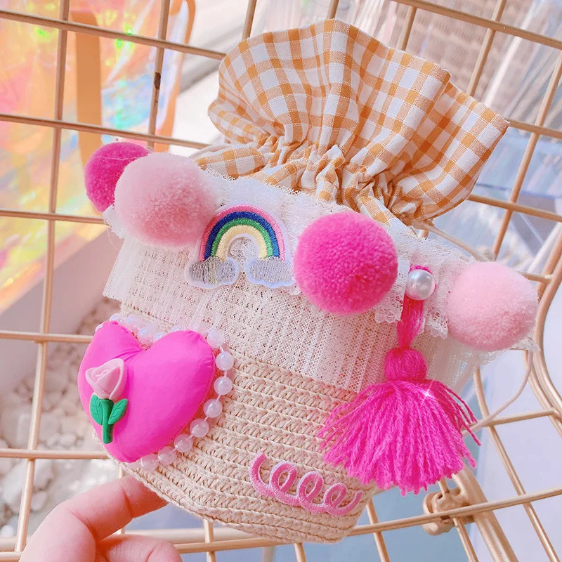 Korean Style Colorful Lace Beach Bag For Children Tulip Vanilla Hat Bucket Bag Summer Weave Handbag Kids Bags Accessories 240111