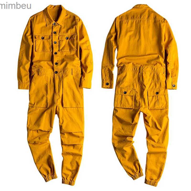 Men's Jeans Spring Overalls Men's Jumpsuit Loose Long Sleeve Cotton Cargo Pants Black Yellow Workwear Trousers Working Uniform RompersL24011