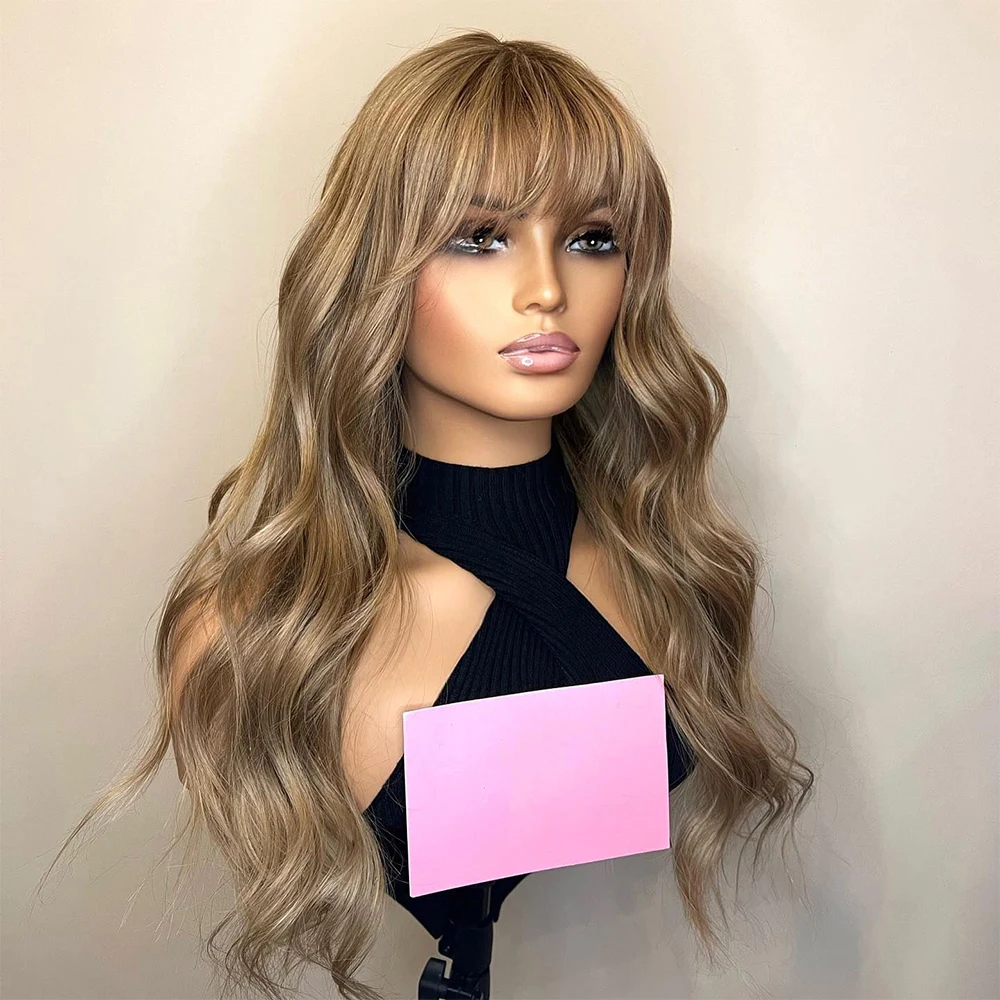 Free shipping New Loose Wavy Blonde Highlight Human Hair with Bangs 180 % Density Body Wave Synthetic Lace Front Wigs for Black Women