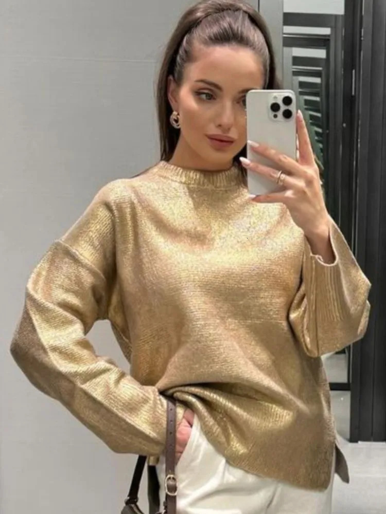 Gold Color O Neck Sweater Fashion Long Sleeve Bright Silk Knit Pullover Female Autumn Elegant Office Ladies Loose Jumpers 240112