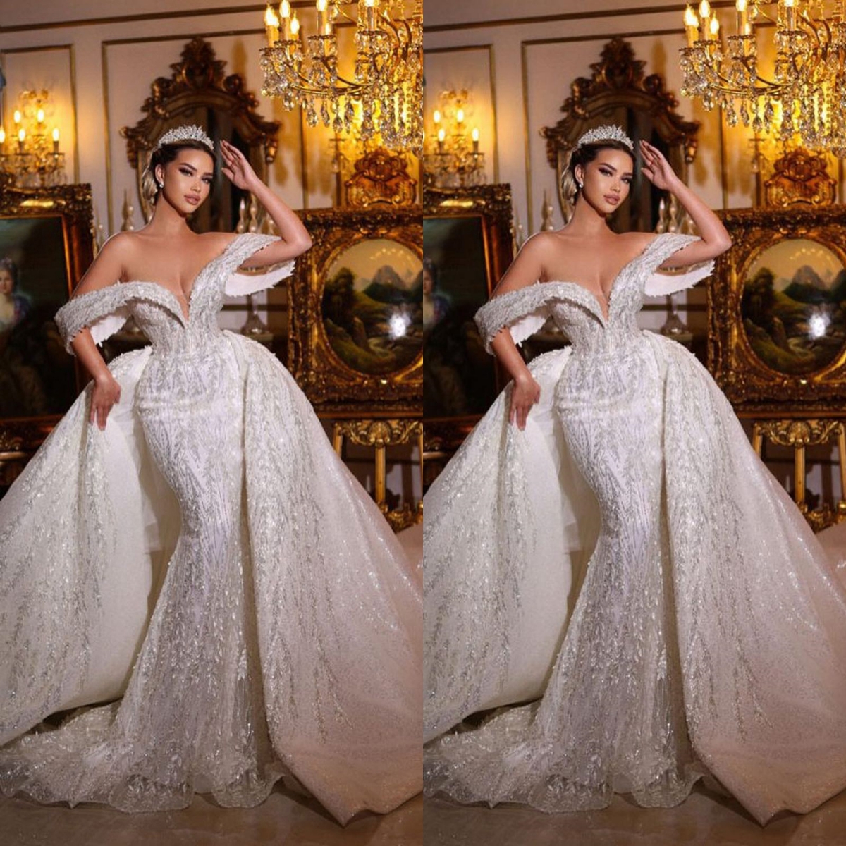 Vintage Off Shoulder Mermaid Wedding Dresses Sequined Bridal Gowns With Detachable Train Short Sleeves Bride Dresses Custom Made