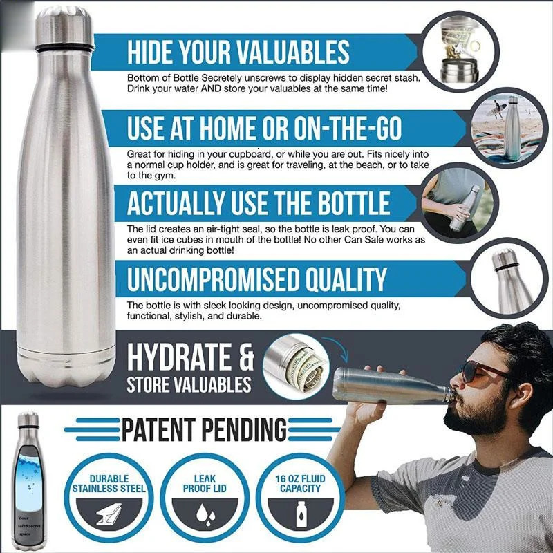 750ml Diversion Water Bottle Portable Water Bottle Secret Stash Pill Organizer Can Safe Hiding Spot for Money Bonus Key Ring Box 240111