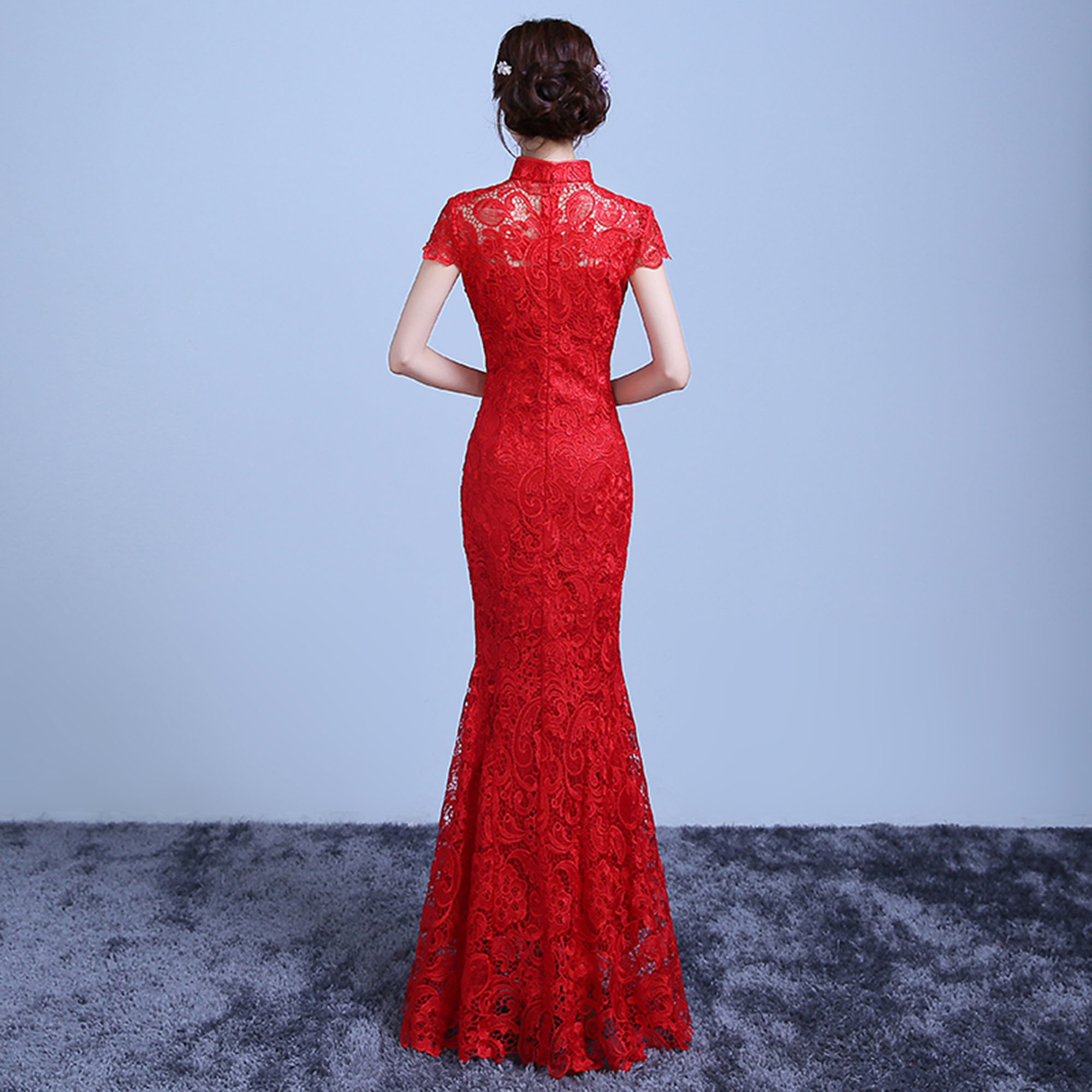 Trational Chinese Wedding Dresses Mermaid Mandarin collar tea ceremony Cheongsam Red Lace Bridal Party Gowns