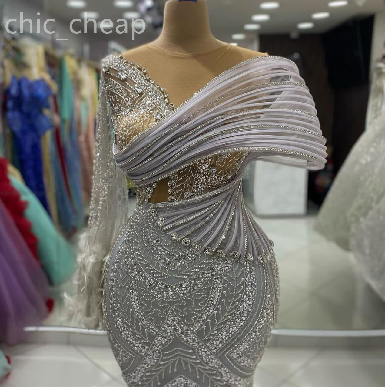 2024 Aso Ebi Sier Mermaid Prom Dress Sheer Neck Beaded Crystals Evening Formal Party Second Reception Birthday Engagement Gowns Dresses Robe De Soiree