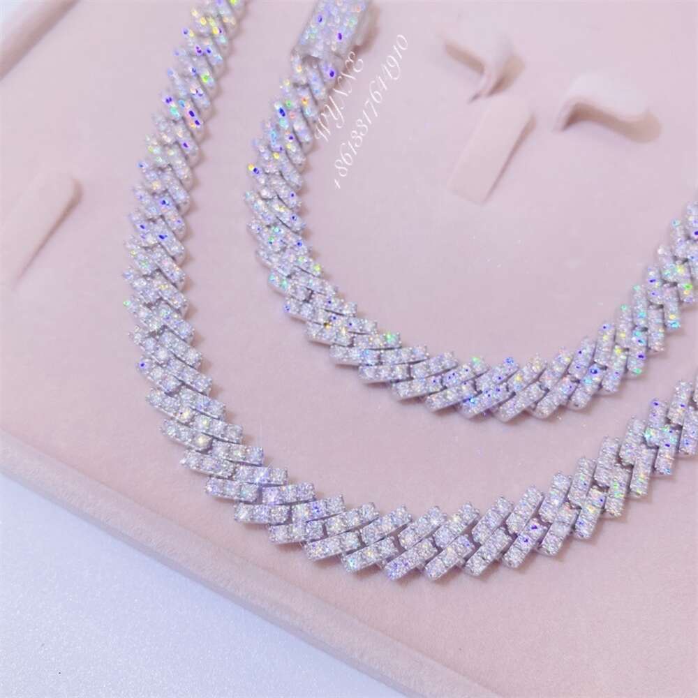 Hotsale 925 Sterling Silver Prong Setting Iced Out Vvs Moissanite Diamond Cuban Link Chain Set