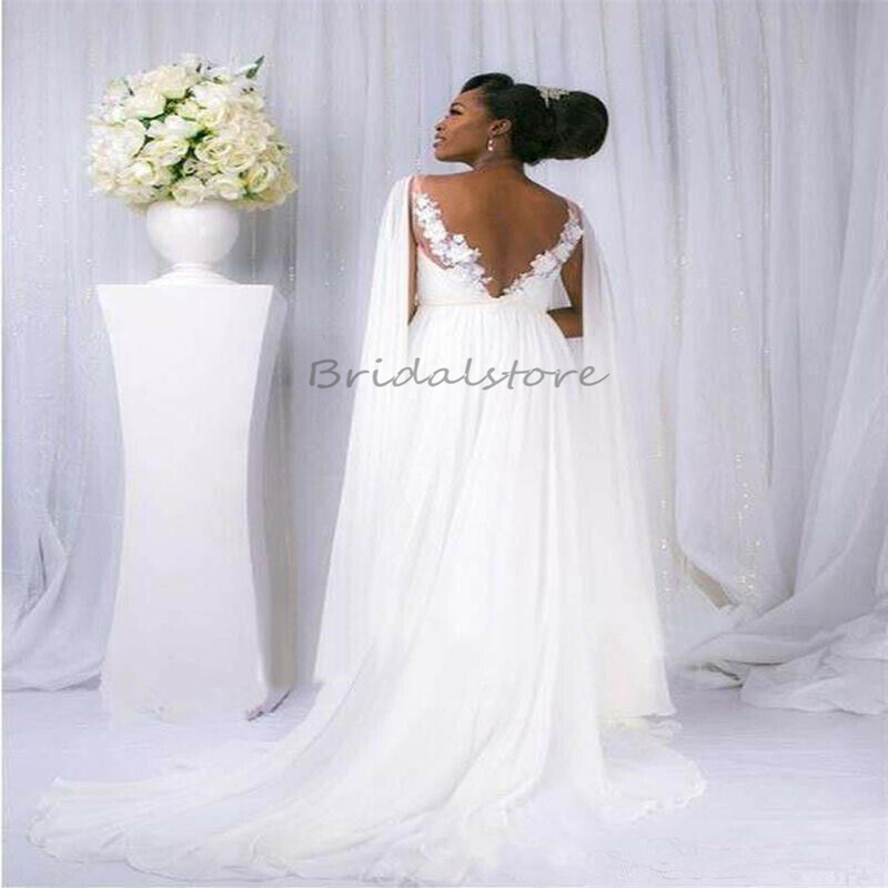 Flowy Chiffon Beach Maternity Wedding Dress With Cape Sleeves Elegant South African Nigeria Country Bohemian Wedding Gowns Sexy Backless Lace Pregnant