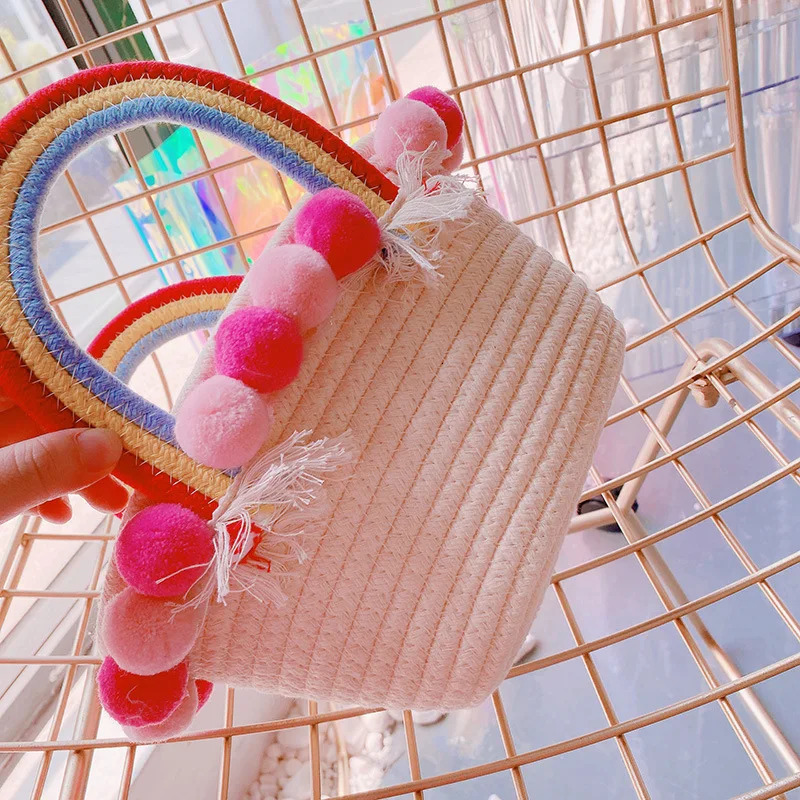 Korean Style Colorful Lace Beach Bag For Children Tulip Vanilla Hat Bucket Bag Summer Weave Handbag Kids Bags Accessories 240111