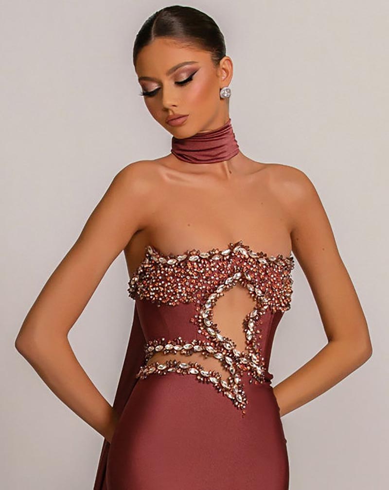 Strapless Beading Evening Dresses Fashion Rhinestone Crystal Mermaid Prom Dress Elegant Sleeveless Custom Made Party Gown